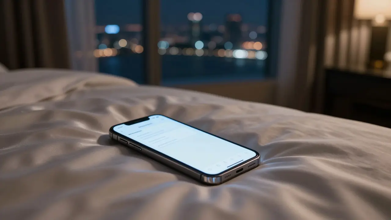A smartphone with an encrypted app resting on silk sheets in a luxury hotel room.