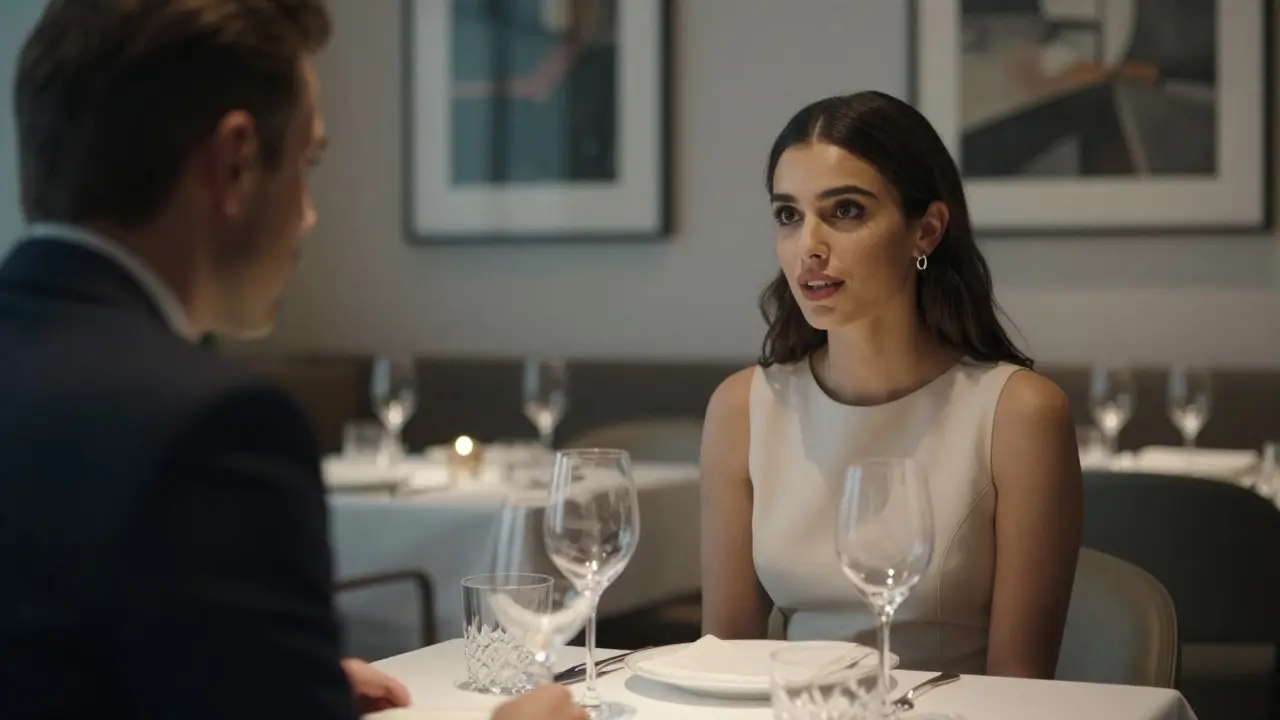 Elegant couple having a sophisticated conversation at a high-end restaurant in Dubai.