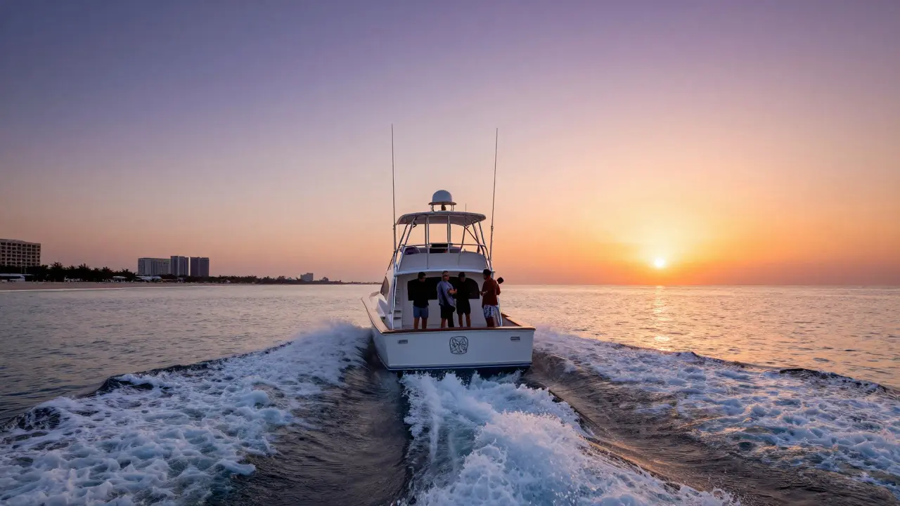 Guests celebrating on moving yacht deck at golden hour.