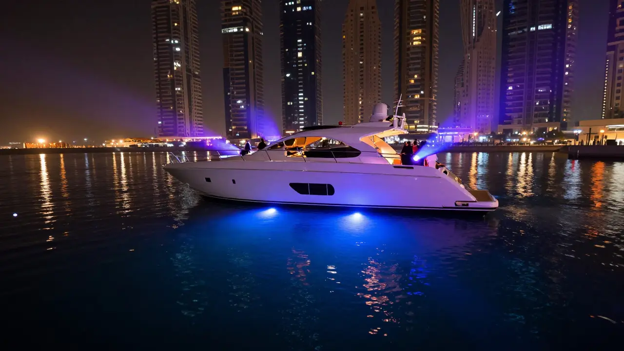 Night party on yacht with underwater lights and city lights.
