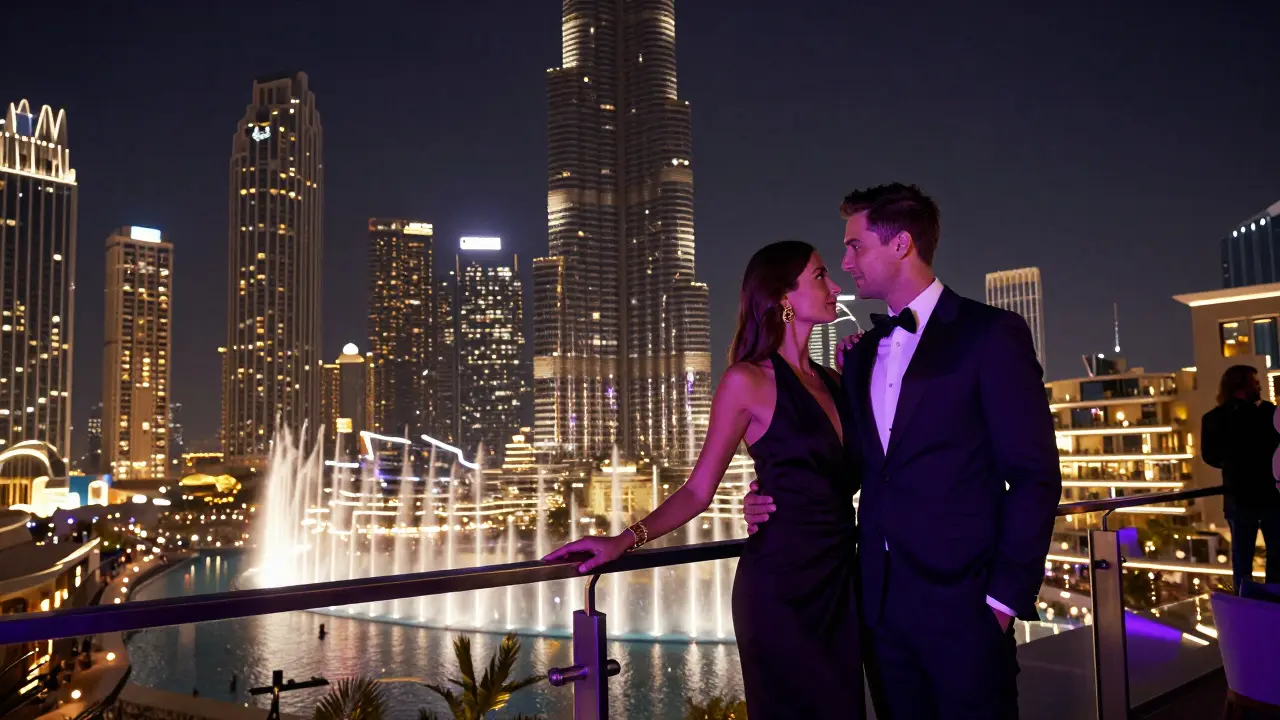 Stylish couple enjoying the neon-lit skyline and fountains from a luxury Dubai rooftop lounge.